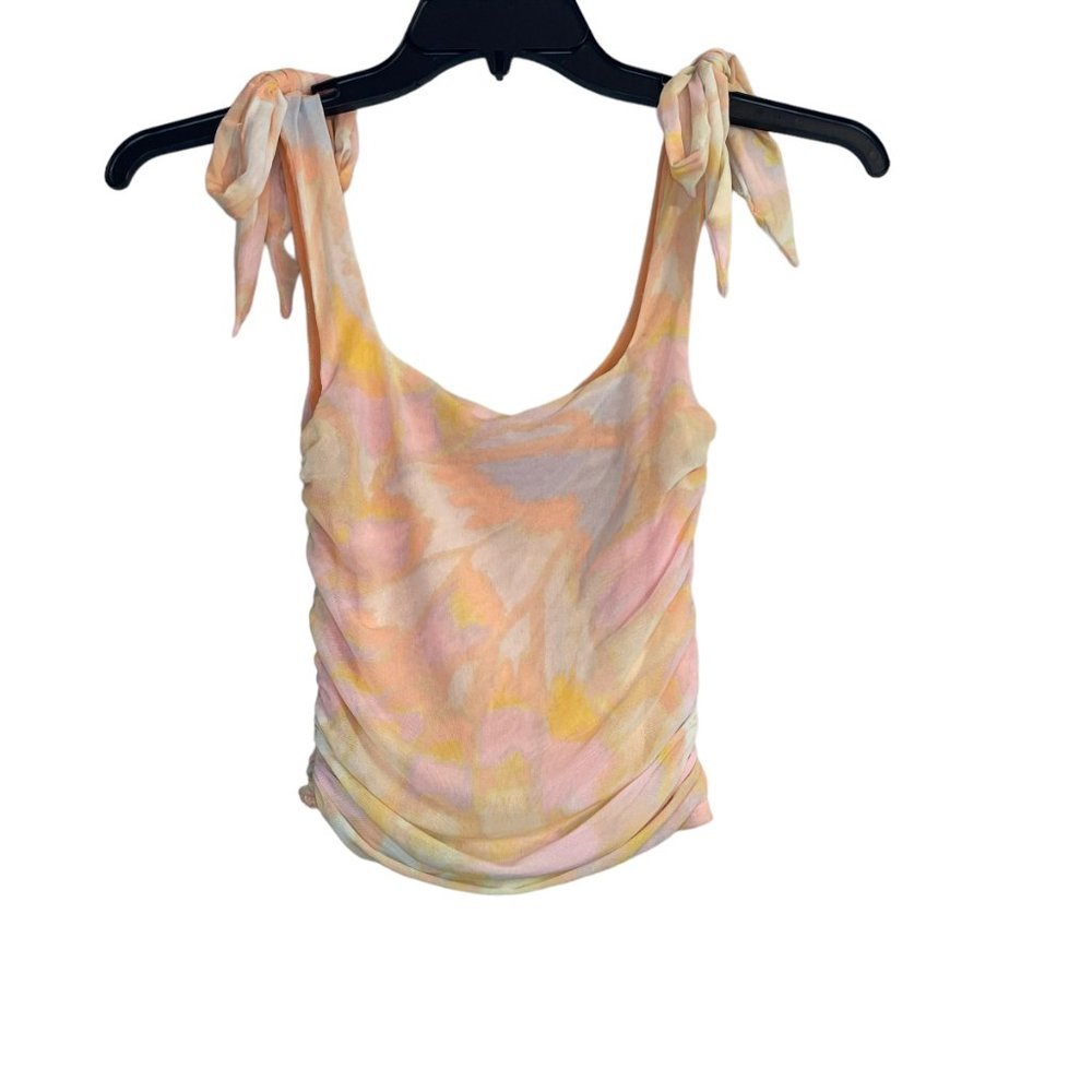 Like- new Free People Avenue Tank Top Ruched Pink Orange Tie Dye Ivory Combo S